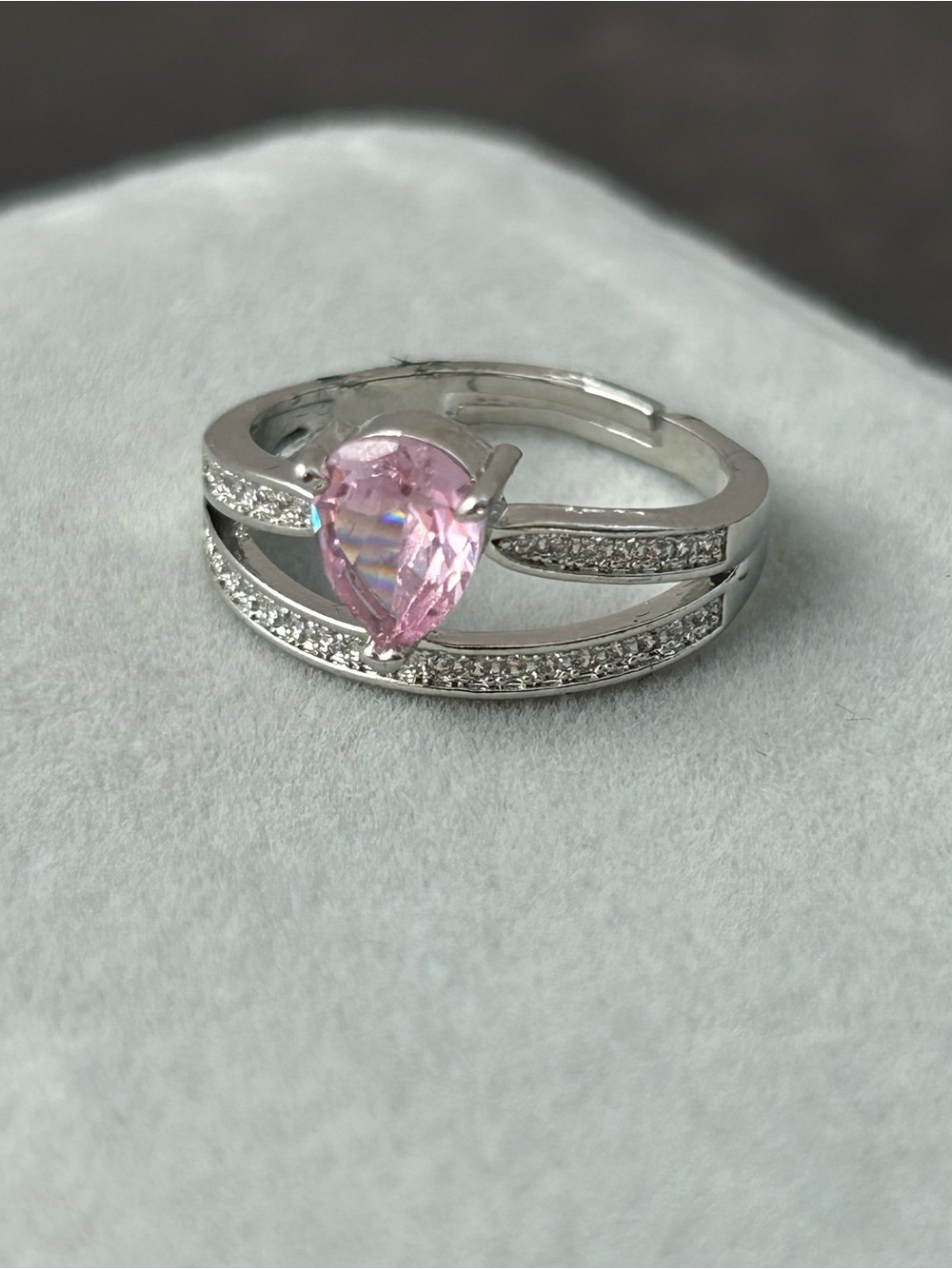 Pink Teardrop Crystal Silver Tone Fashion Ring